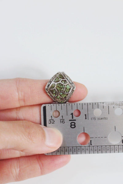 Vintage Sterling Silver Turquoise Chip Ring Fish Scale Inlay Mosaic Pattern Native American 7