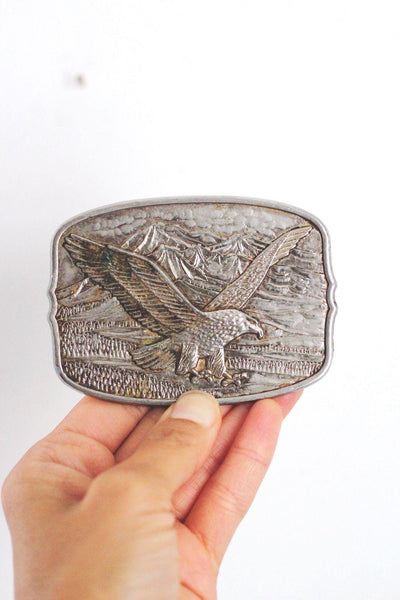 Vintage American Eagle Belt Buckle Mountains Western 80s Silver Gold Plated