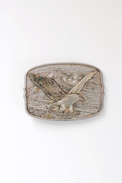 Vintage American Eagle Belt Buckle Mountains Western 80s Silver Gold Plated