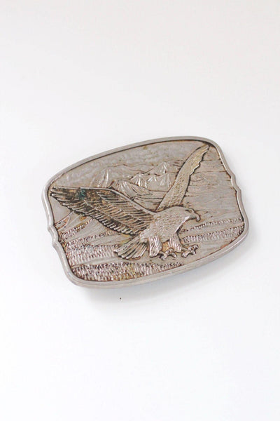 Vintage American Eagle Belt Buckle Mountains Western 80s Silver Gold Plated