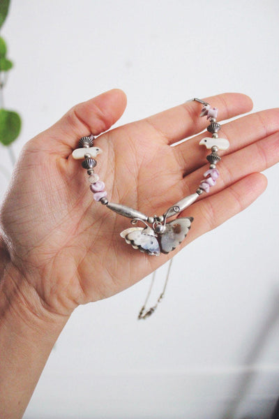 Vintage Southwestern Liquid Silver Butterfly Fetish Bird Bead Necklace Mother of Pearl