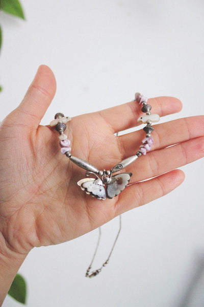 Vintage Southwestern Liquid Silver Butterfly Fetish Bird Bead Necklace Mother of Pearl