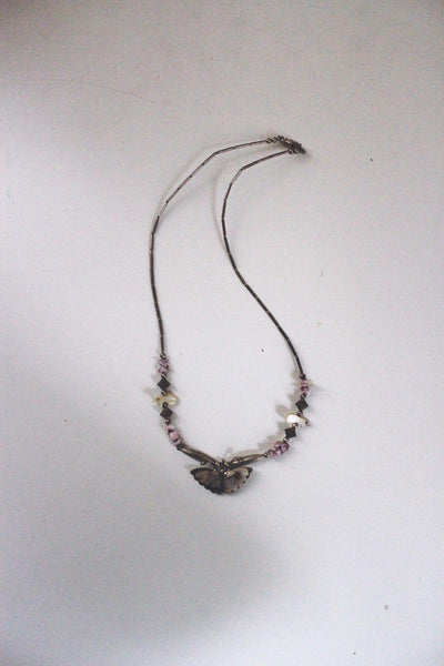 Vintage Southwestern Liquid Silver Butterfly Fetish Bird Bead Necklace Mother of Pearl