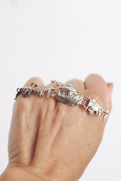 Vintage Sterling Silver Noahs Ark Figural Link Bracelet Animal Figures Mid Century Jewelry