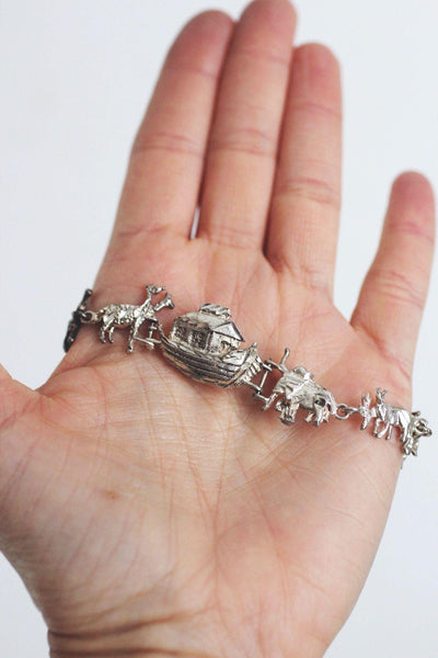 Vintage Sterling Silver Noahs Ark Figural Link Bracelet Animal Figures Mid Century Jewelry