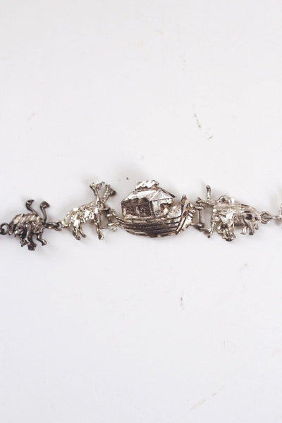 Vintage Sterling Silver Noahs Ark Figural Link Bracelet Animal Figures Mid Century Jewelry