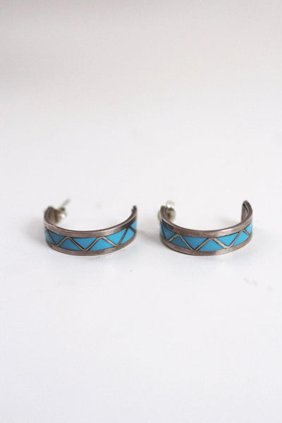Vintage Sterling Silver Turquoise Channel Inlay Half Hoop Earrings Native American Zuni