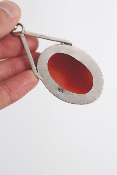 Sterling Silver Carnelian Pendant Oval Large Vintage Modernist Statement Necklace