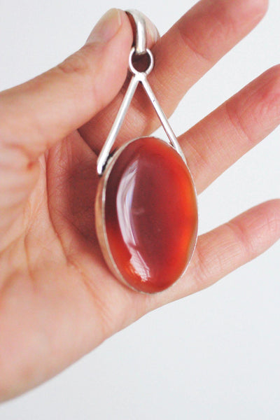Sterling Silver Carnelian Pendant Oval Large Vintage Modernist Statement Necklace