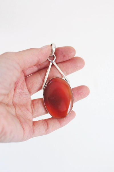 Sterling Silver Carnelian Pendant Oval Large Vintage Modernist Statement Necklace