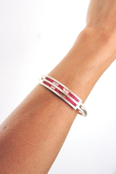 Vintage Enamel Abalone Shell Inlay Alpaca Silver Cuff Bracelet Mexico Southwestern