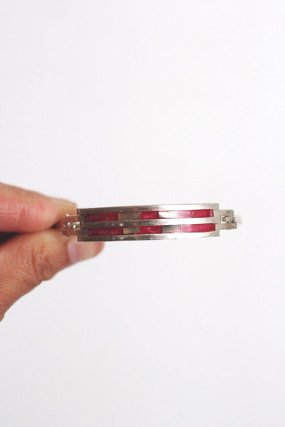 Vintage Enamel Abalone Shell Inlay Alpaca Silver Cuff Bracelet Mexico Southwestern