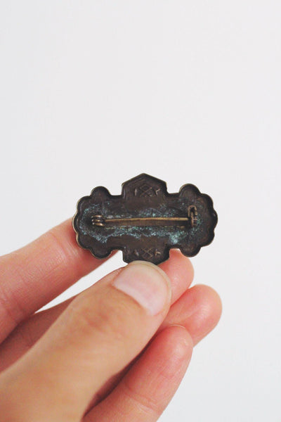 Vintage Czech Faceted Glass Oval Brooch Pin Stamped Brass Edwardian Victorian Floral Engraved