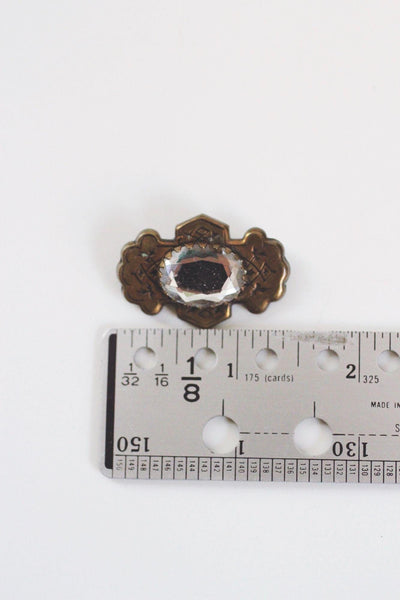 Vintage Czech Faceted Glass Oval Brooch Pin Stamped Brass Edwardian Victorian Floral Engraved