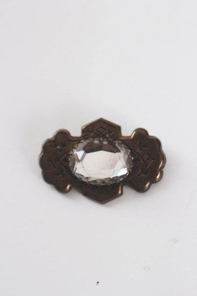 Vintage Czech Faceted Glass Oval Brooch Pin Stamped Brass Edwardian Victorian Floral Engraved