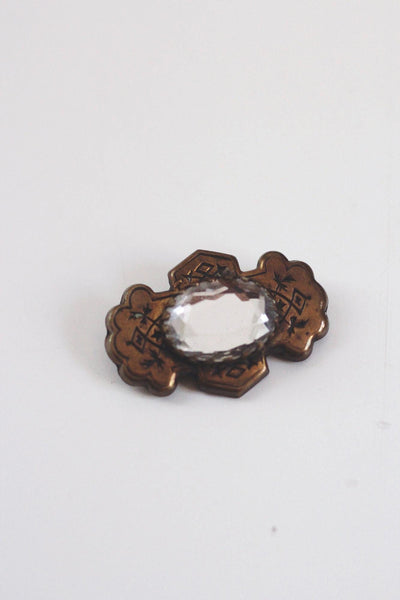Vintage Czech Faceted Glass Oval Brooch Pin Stamped Brass Edwardian Victorian Floral Engraved