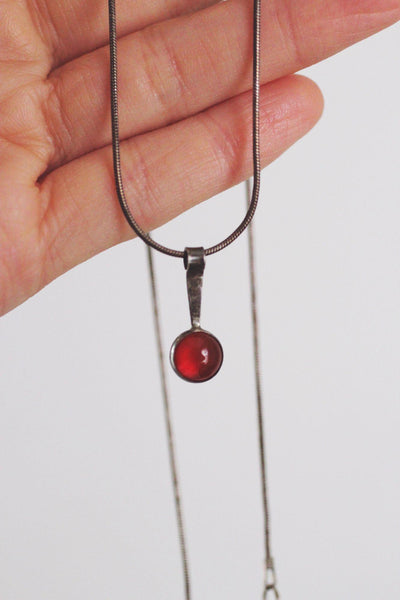 Vintage Sterling Silver Red Carnelian Glass Pendant Necklace Modernist Minimalist 925
