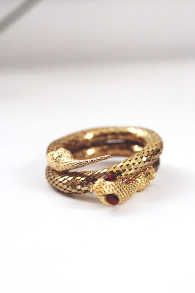 Vintage Gold Coiled Snake Wrap Bracelet Mesh Red Eyes Mid Century Costume Jewelry