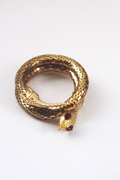 Vintage Gold Coiled Snake Wrap Bracelet Mesh Red Eyes Mid Century Costume Jewelry