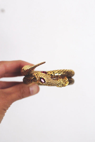 Vintage Gold Coiled Snake Wrap Bracelet Mesh Red Eyes Mid Century Costume Jewelry