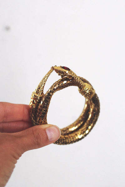 Vintage Gold Coiled Snake Wrap Bracelet Mesh Red Eyes Mid Century Costume Jewelry