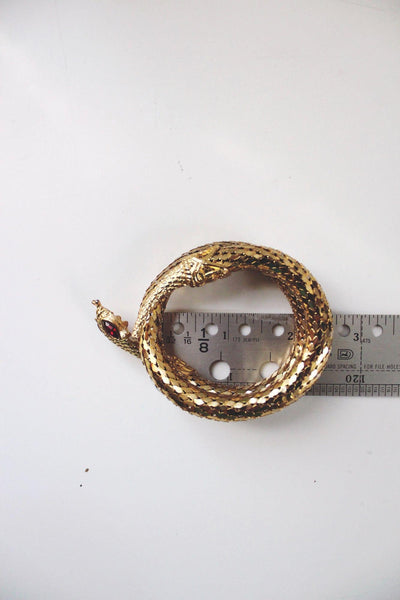 Vintage Gold Coiled Snake Wrap Bracelet Mesh Red Eyes Mid Century Costume Jewelry