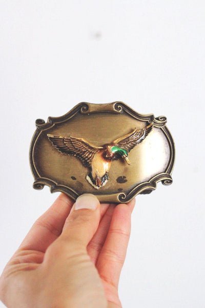 Vintage 1978 Raintree Mallard Duck Brass Belt Buckle Enamel Western USA 70s