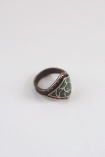 Vintage Sterling Silver Turquoise Chip Ring Fish Scale Inlay Mosaic Pattern Native American 7.75