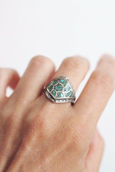Vintage Sterling Silver Turquoise Chip Ring Fish Scale Inlay Mosaic Pattern Native American 7.5