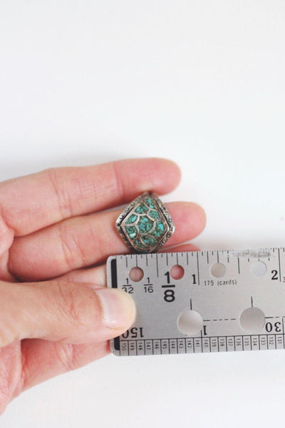 Vintage Sterling Silver Turquoise Chip Ring Fish Scale Inlay Mosaic Pattern Native American 7.5