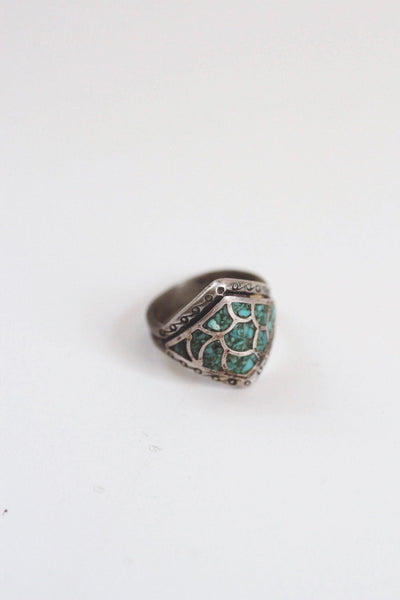 Vintage Sterling Silver Turquoise Chip Ring Fish Scale Inlay Mosaic Pattern Native American 7.5