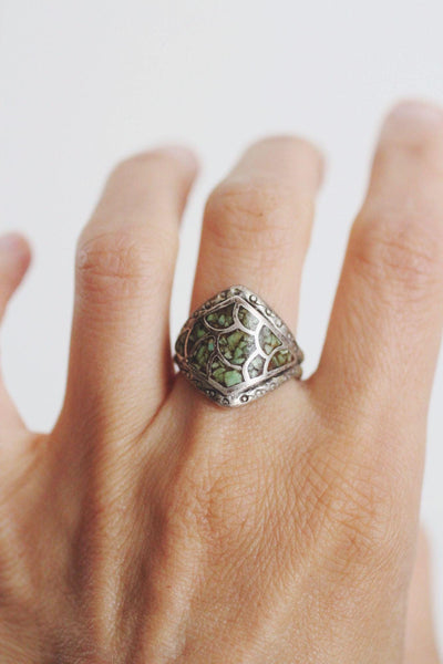 Vintage Sterling Silver Turquoise Chip Ring Fish Scale Inlay Mosaic Pattern Native American 7