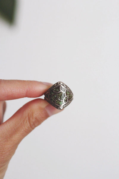 Vintage Sterling Silver Turquoise Chip Ring Fish Scale Inlay Mosaic Pattern Native American 7