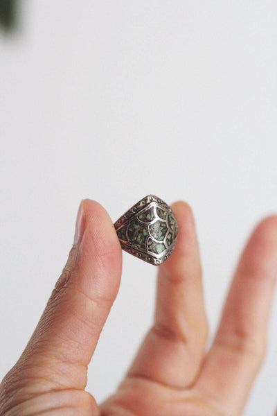 Vintage Sterling Silver Turquoise Chip Ring Fish Scale Inlay Mosaic Pattern Native American 7