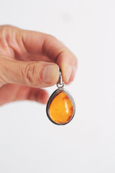 Baltic Amber Teardrop Pendant Sterling Silver Frame Vintage Necklace Jewelry