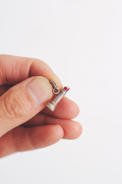 Vintage Silver Lipstick Pendant Charm Red Enamel Detail 1-Inch Small Jewelry Accessory