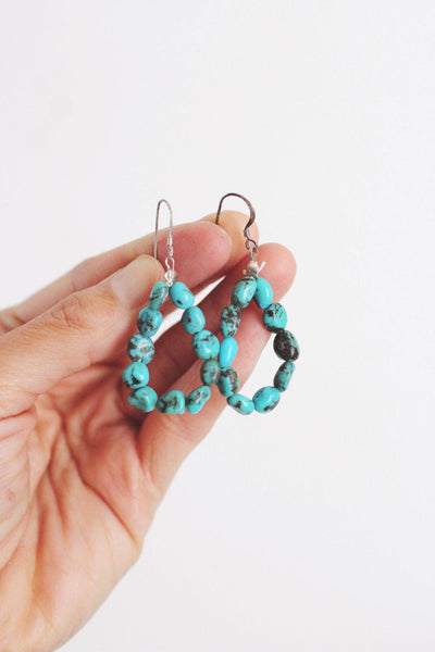 Handcrafted Turquoise Nugget Beaded Dangle Earrings Sterling Silver Vintage Boho Jewelry