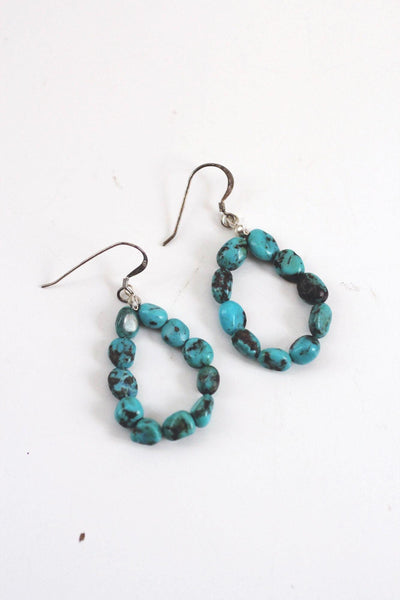 Handcrafted Turquoise Nugget Beaded Dangle Earrings Sterling Silver Vintage Boho Jewelry