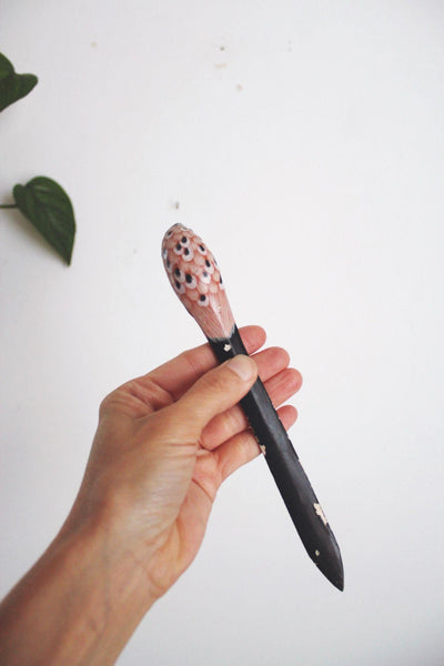 Vintage Hand-Painted Carved Wood Owl Letter Opener Mid Century Desktop Accessory