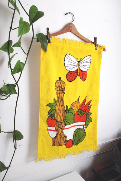 Vintage 70s Yellow Kitchen Towel Terry Cloth Cannon Retro Vegetable
