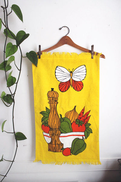 Vintage 70s Yellow Kitchen Towel Terry Cloth Cannon Retro Vegetable