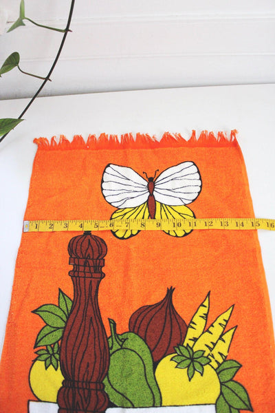 Vintage 70s Cannon Orange Kitchen Towel Terry Cloth Retro Vegetable Fringe