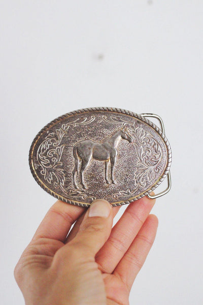 Vintage Western Horse Belt Buckle Silver Oval Floral Engraved Rope Rustic