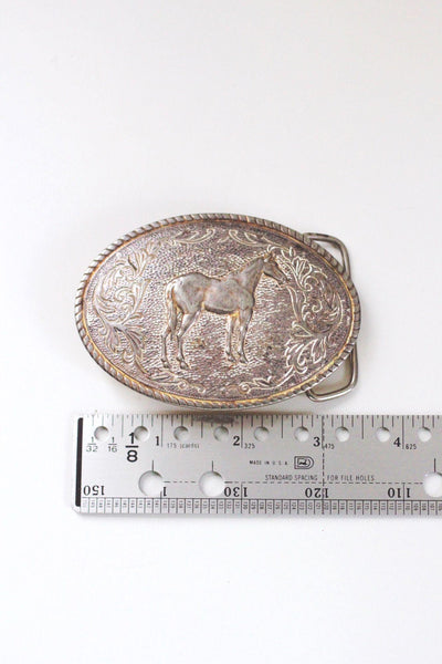 Vintage Western Horse Belt Buckle Silver Oval Floral Engraved Rope Rustic