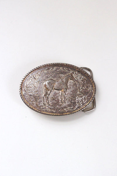Vintage Western Horse Belt Buckle Silver Oval Floral Engraved Rope Rustic