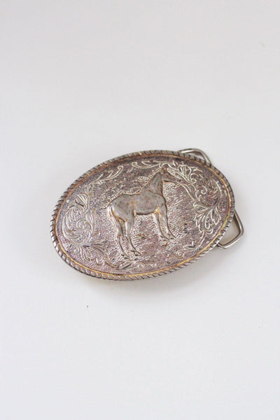 Vintage Western Horse Belt Buckle Silver Oval Floral Engraved Rope Rustic