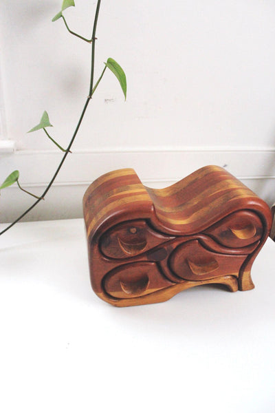Handcrafted Sculptural Wood Jewelry Box Bandsaw Puzzle Trinkets Vintage Rustic Wave