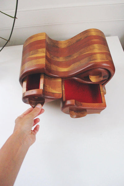 Handcrafted Sculptural Wood Jewelry Box Bandsaw Puzzle Trinkets Vintage Rustic Wave