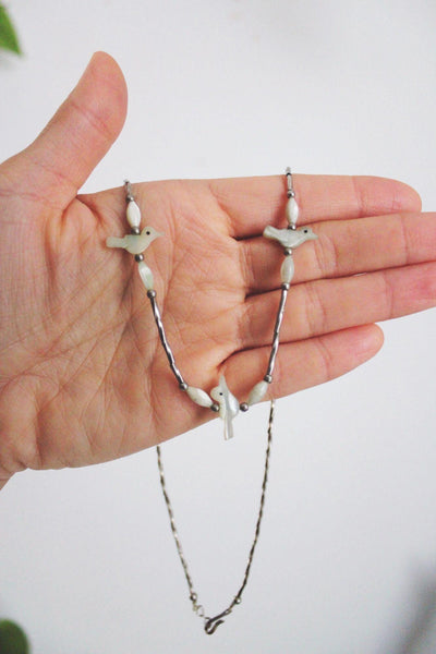 Vintage Southwestern Bird Beads Fetish Necklace Liquid Silver Native American