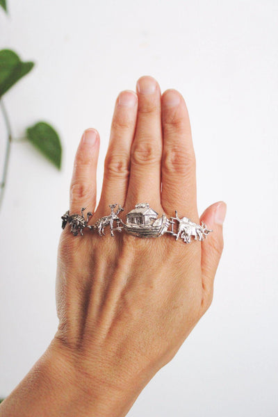 Vintage Sterling Silver Noahs Ark Figural Link Bracelet Animal Figures Mid Century Jewelry